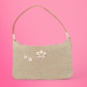 Tan crochet shoulder bag with seashell details